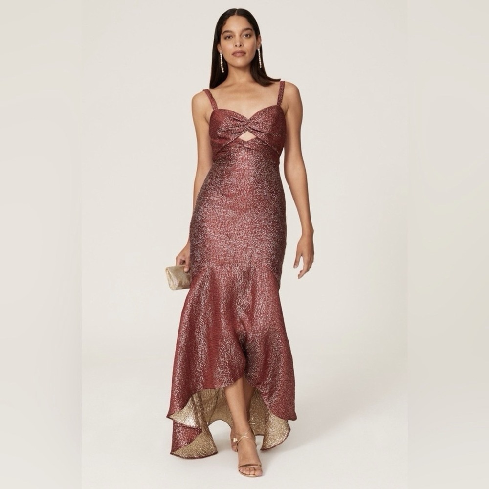 ML Monique Lhuillier Metallic Jacquard Gown Terracotta Gold Cutout Hi Low 12
